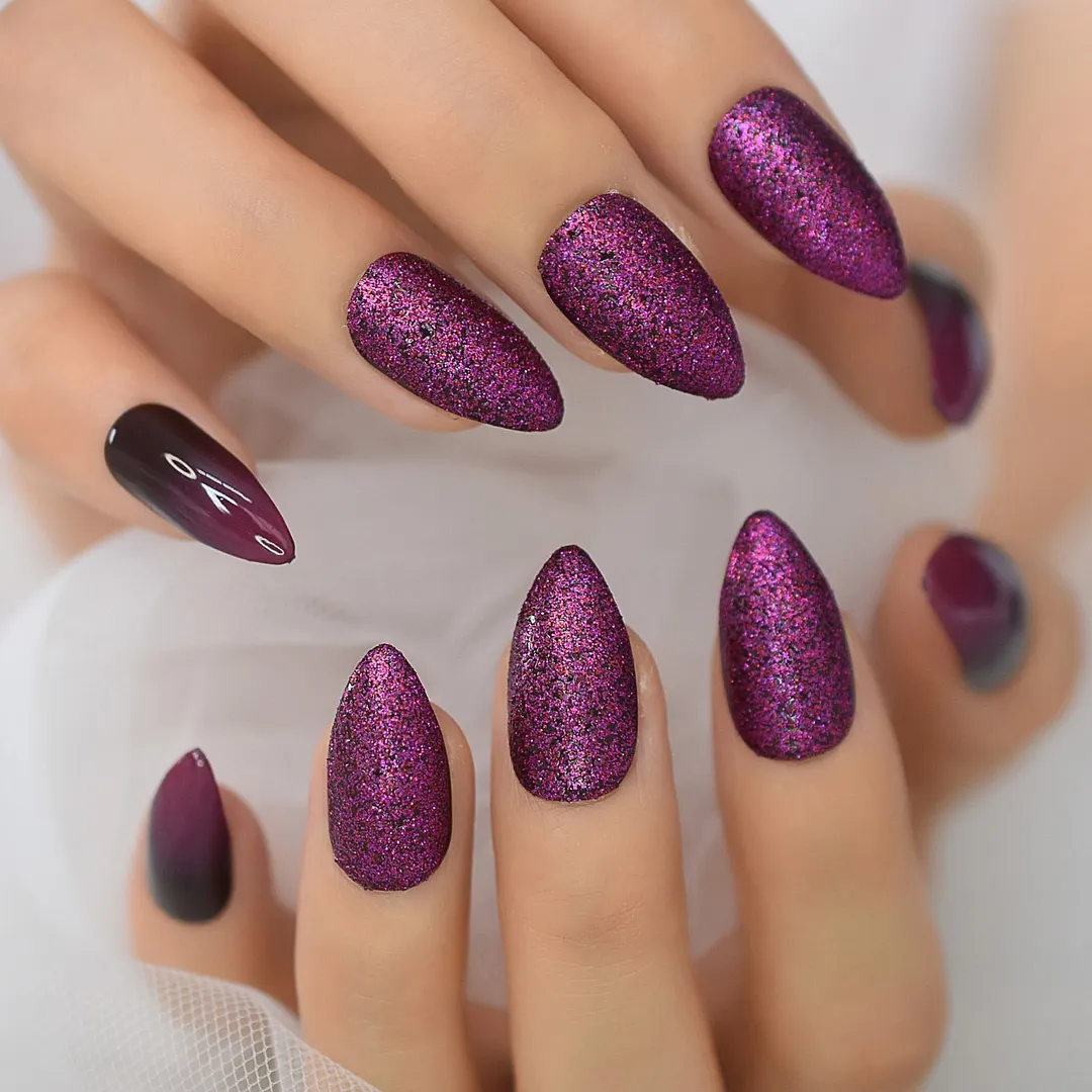 28pcs Nude Purple Short Almond Press on False Nails with Designs Gold Moon Starts Glossy Gel Fake Nails Finger Nail Decorations-Nail Inspo