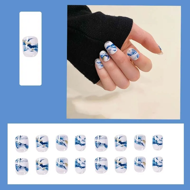 24pcs/box Blue Dye With Sequins Decorated press on nail tips Frosted Square Head Short Wearable Full Cover fake nails with glue-Nail Inspo