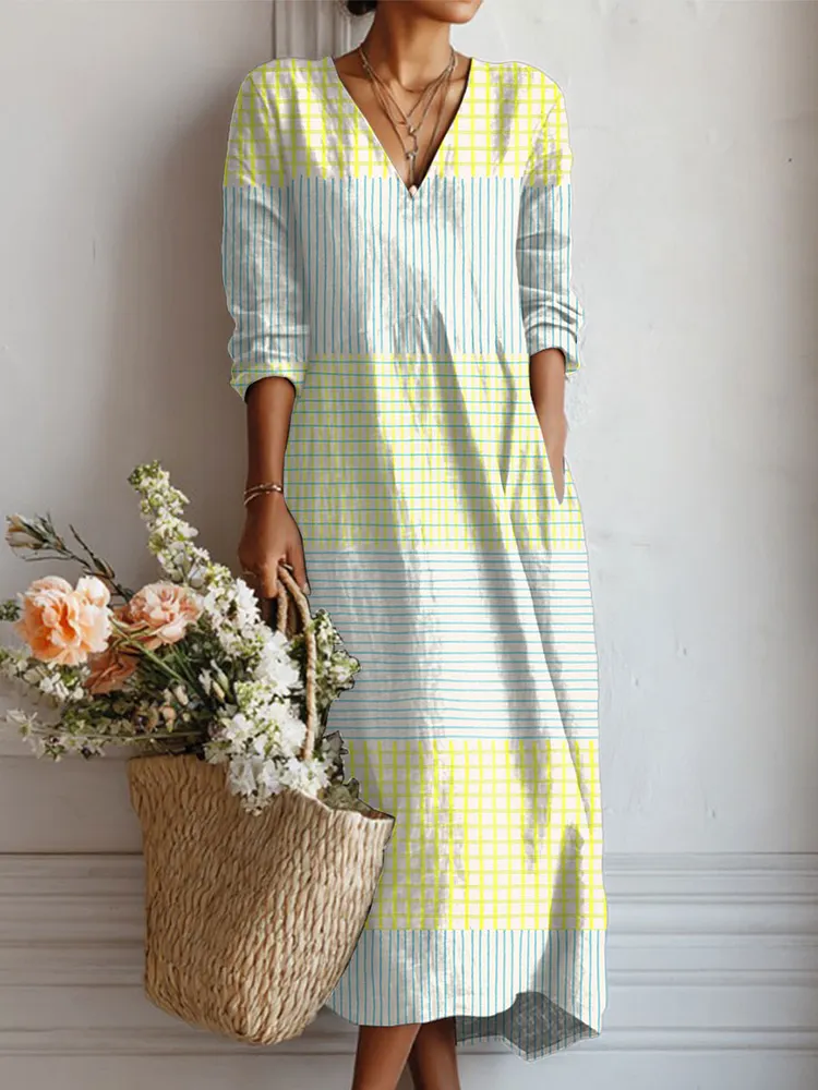 Women's Vintage Abstract Geometry Art Print Linen Pocket Dress