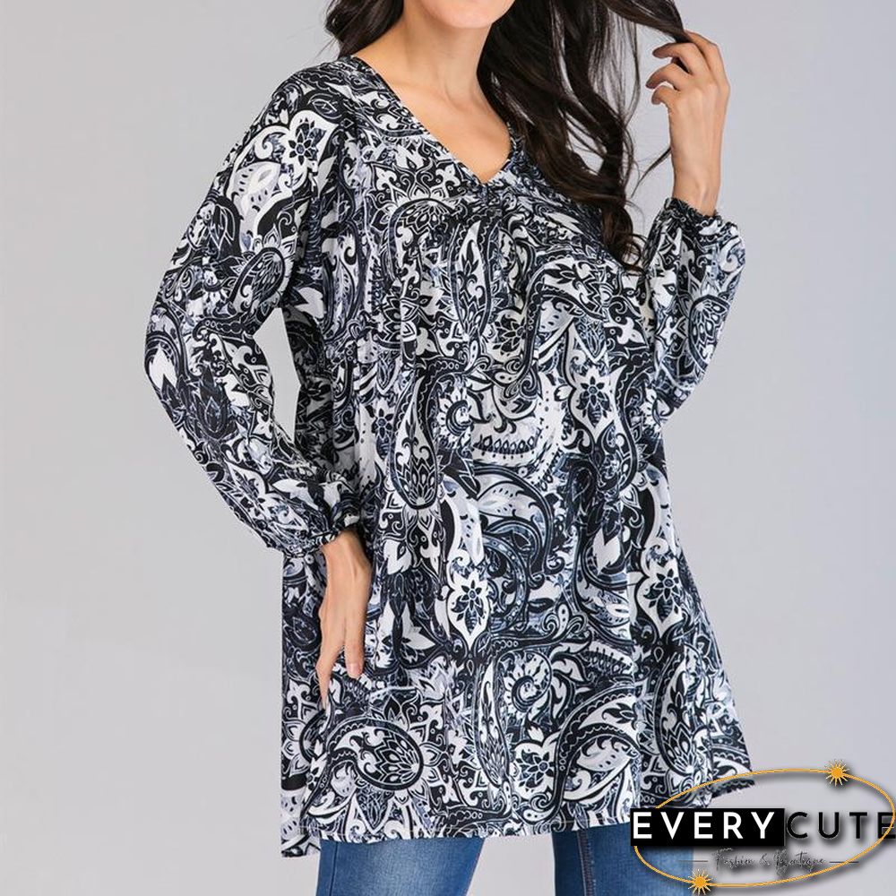 S-5XL Plus Size Women Totem Dot Print Blouse Tops Casual Loose V Neck Long Sleeve Blouses