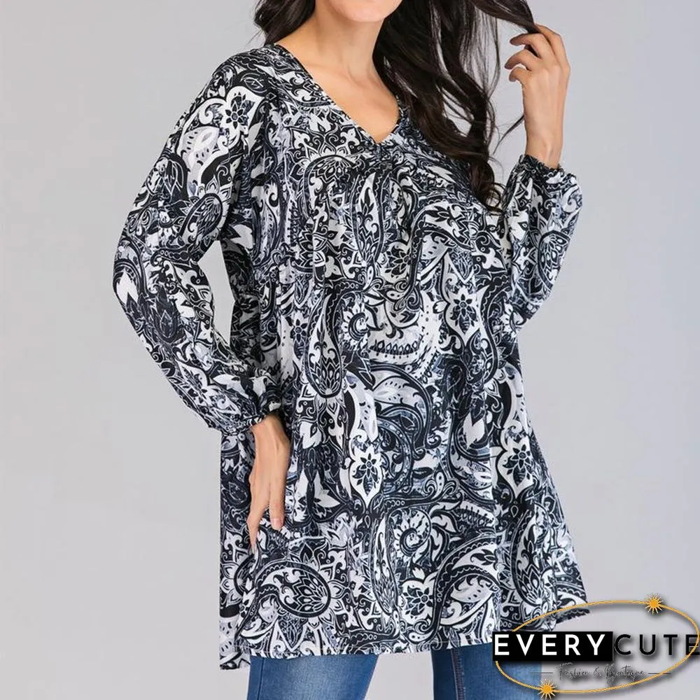 S-5XL Plus Size Women Totem Dot Print Blouse Tops Casual Loose V Neck Long Sleeve Blouses