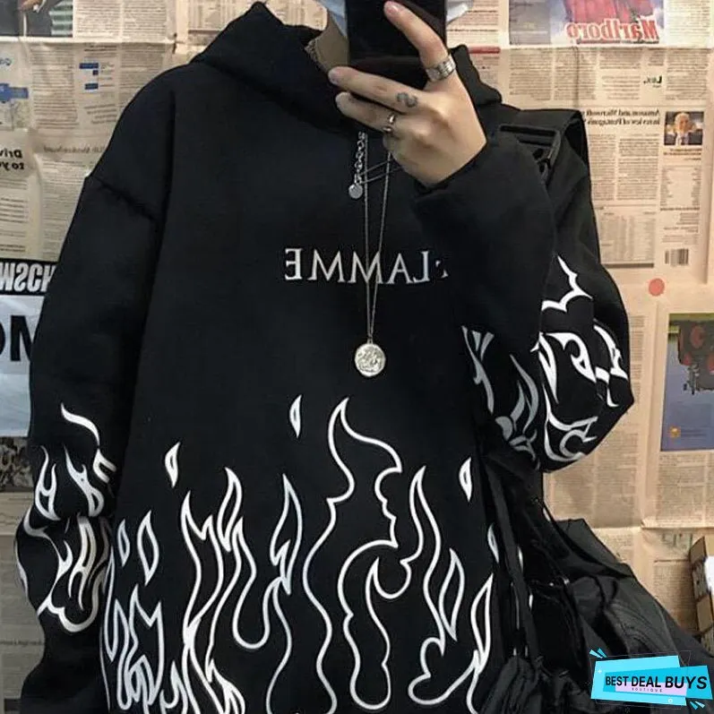 Christmas Gift Gothic Flame Printed Hoodies Women Man Korean Style Oversized Harajuku Sweatshirt Female Autumn Long Sleeve Pullovers Tops