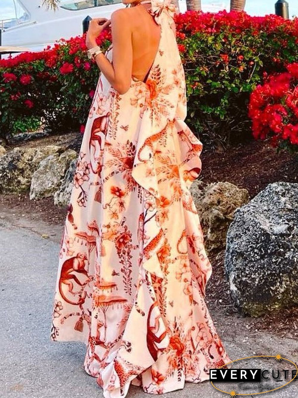 Women'S Dresses Printed Halter Bare Back Bow Dress