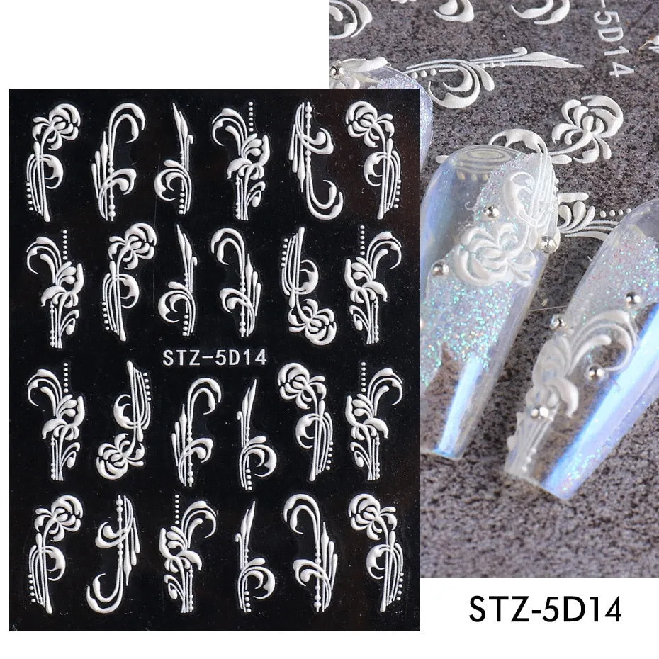 Nail Stickers Embossed 5D Elegant Carved Rose Pattern Designs Back Glue Nail Decals Tips For Beauty Salons-Nail Inspo