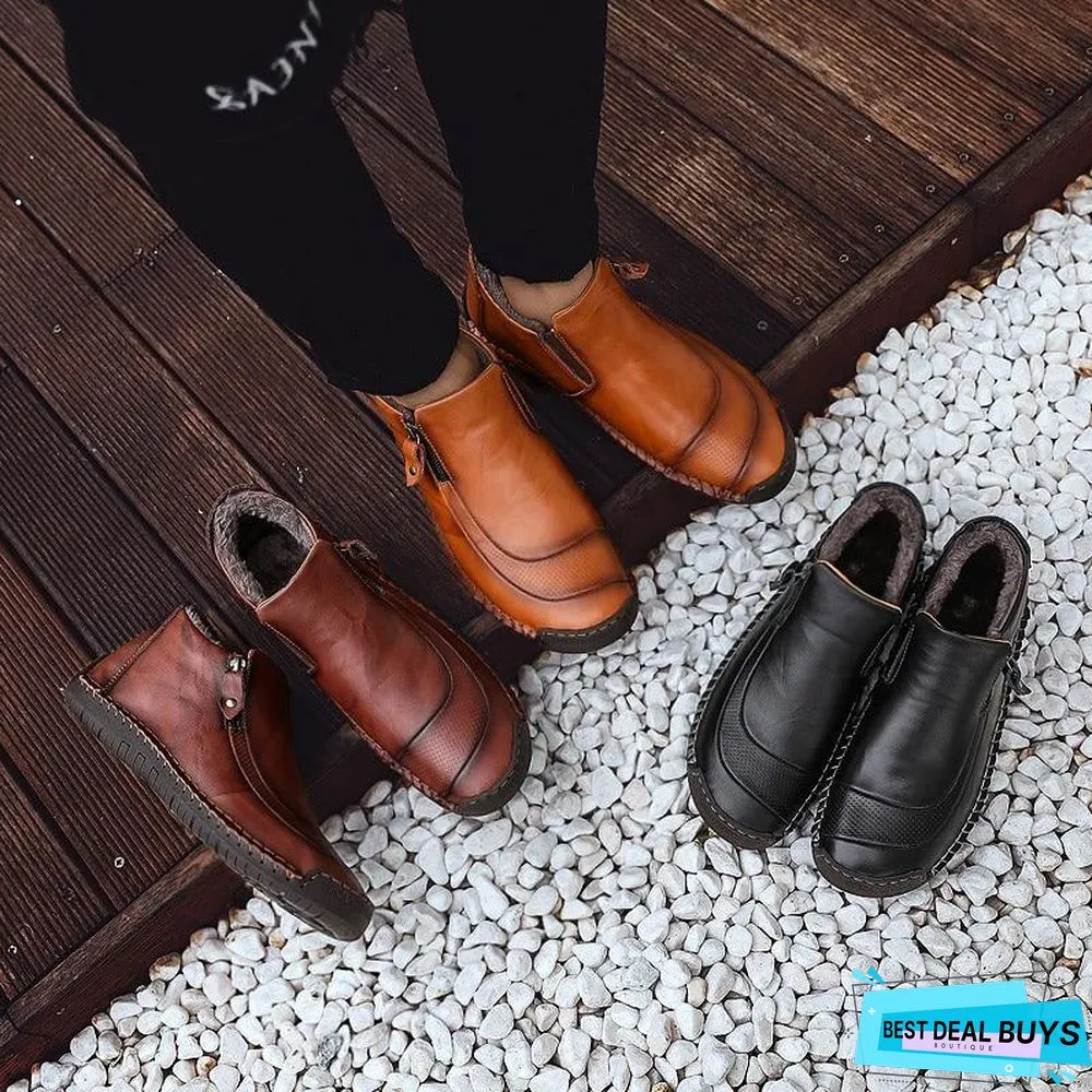 Men Boots Split Leather Ankle Snow Boots Warm Fur Men's Shoes Plush Winter Autumn Driving Shoes