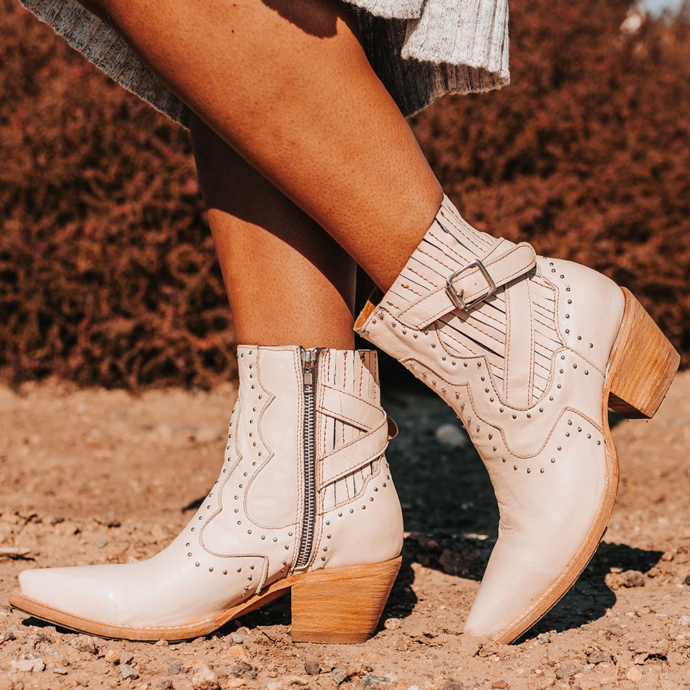 Beige Block Heel Studded Booties Vintage Snip Toe Western Boots