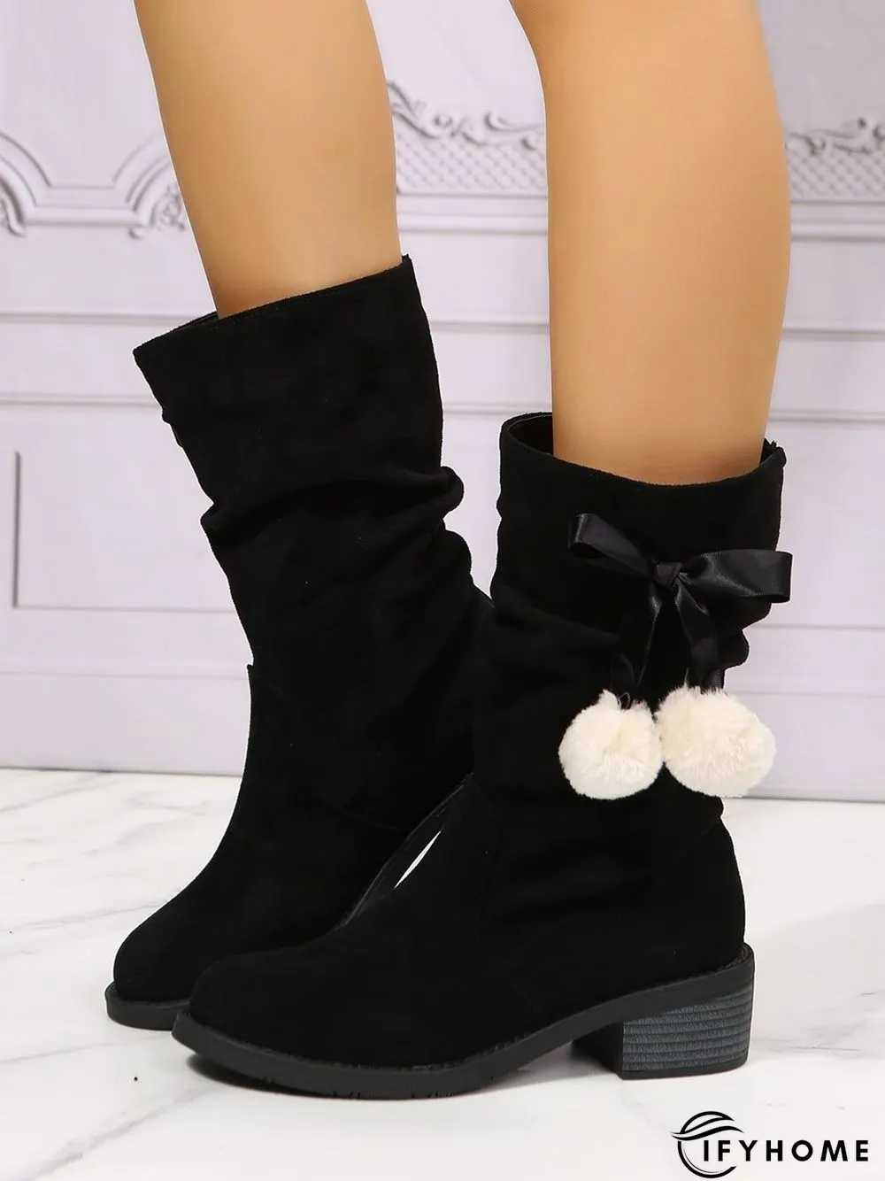 Christmas Pompom Decor Faux Suede Slouchy Boots | IFYHOME