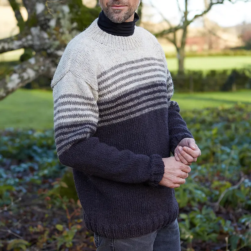 Vintage Warmth Striped Knit Jacquard Icelandic Crew Neck Sweater（Unisex ）