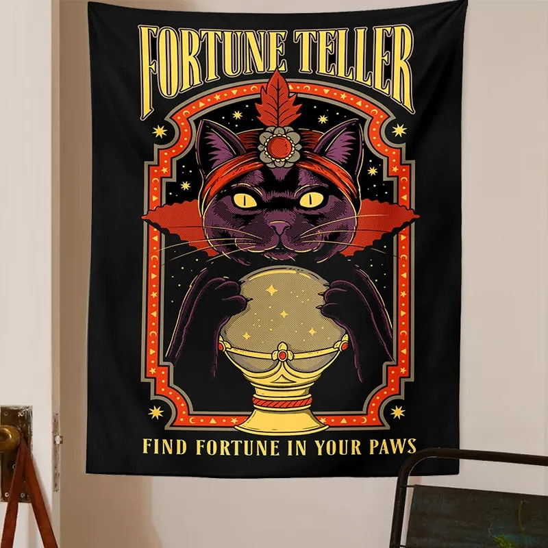 Black Tapestry Wall Hanging Tarot Cat Witchcraft Tapestry Art Divination Baphomet Occult Home Wall Black Cool Decor Cat Coven