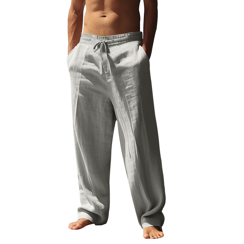 Men's Solid Color Cotton Linen Drawstring Loose-fitting Cotton Linen Trousers elevenforest