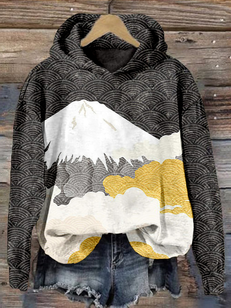 Fuji Mountain & Japanese Waves Art Cozy Hoodie elevenforest