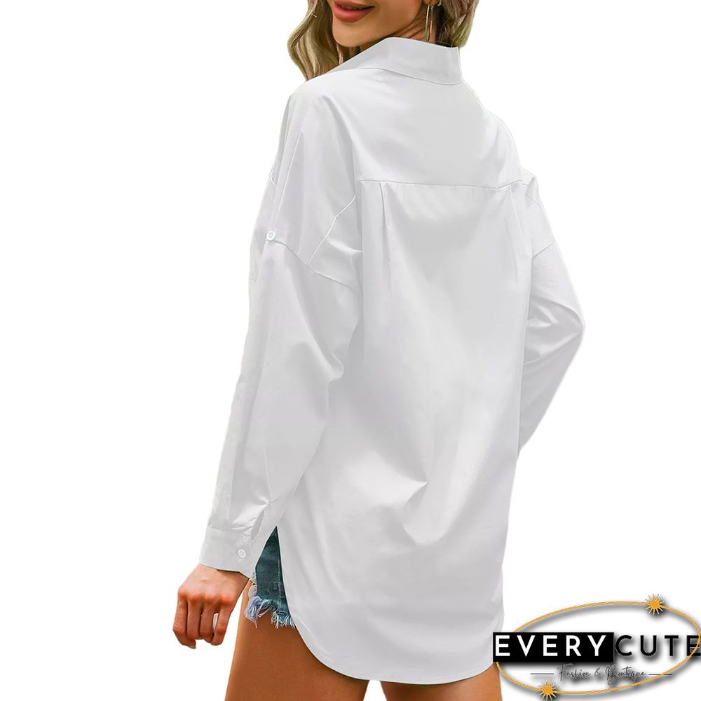 White Solid Button Detail Pocket Long Sleeve Shirt