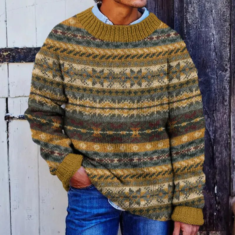 Men's Jacquard Icelandic Geometry Pattern Cozy Knit Sweater