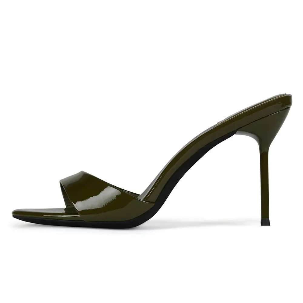 Olive Round Toe Stiletto Heel Elegant Slip On Mules for Women