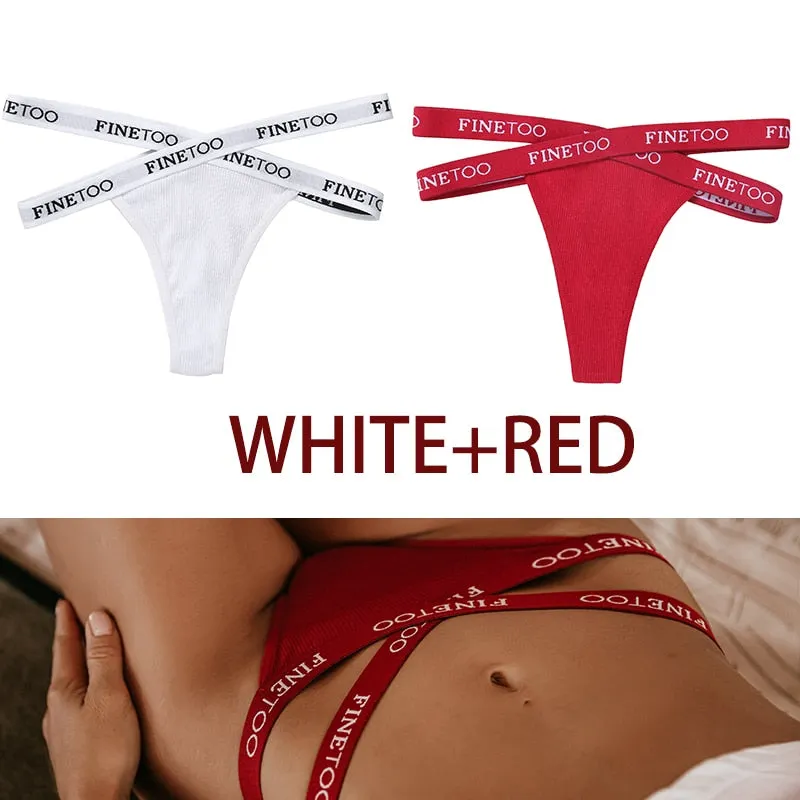 FINETOO 2PCS/Set Women's Cotton G-string Sexy Cross Strap Panties Letter Waisted Underwear Thongs Femme Hollow Out Lady Briefs