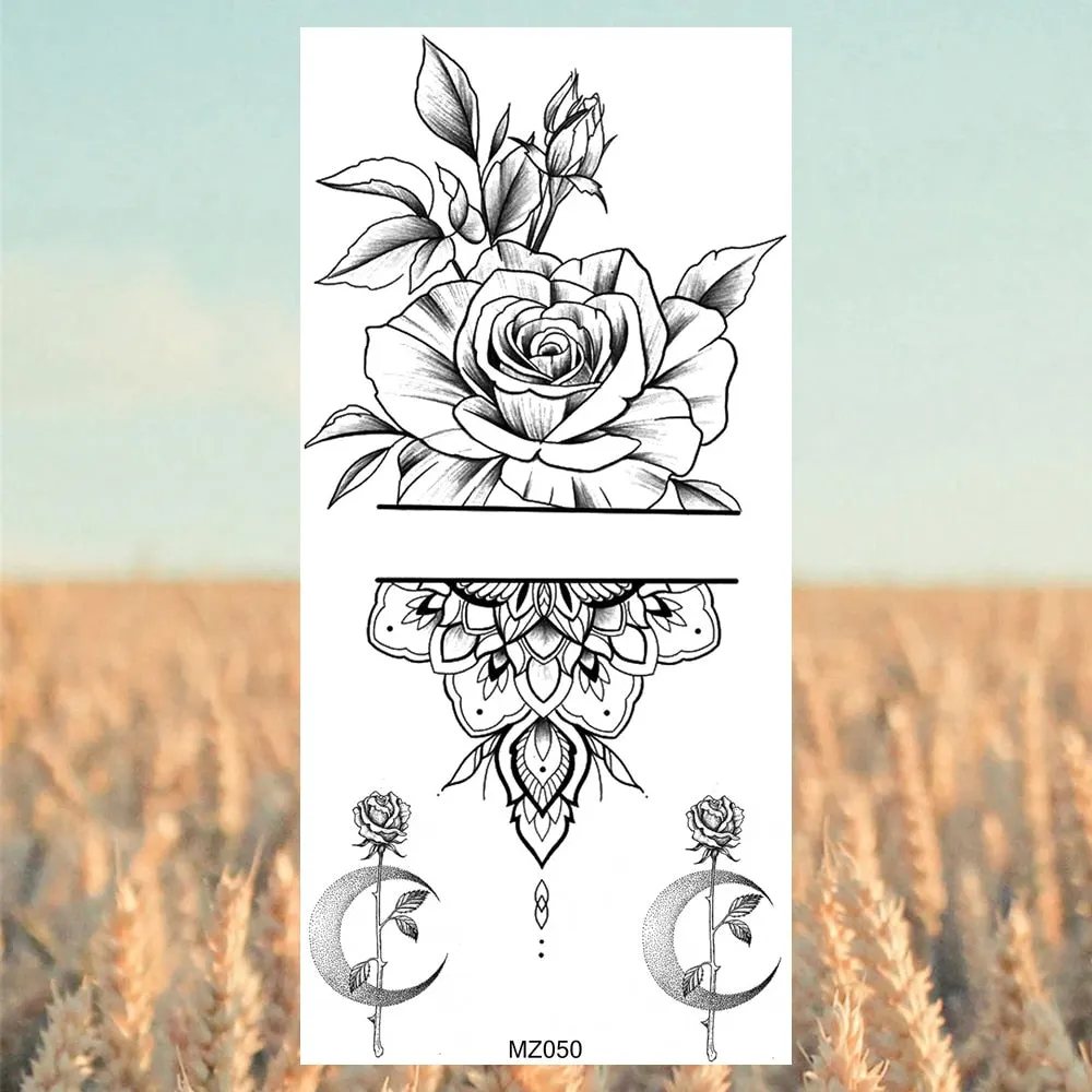 Black Lotus Pendant Temporary Tattoos For Women Adult Rose Flower Jewelry Fake Tattoo Fashion Calf Waterproof Half Sleeve Tatoos