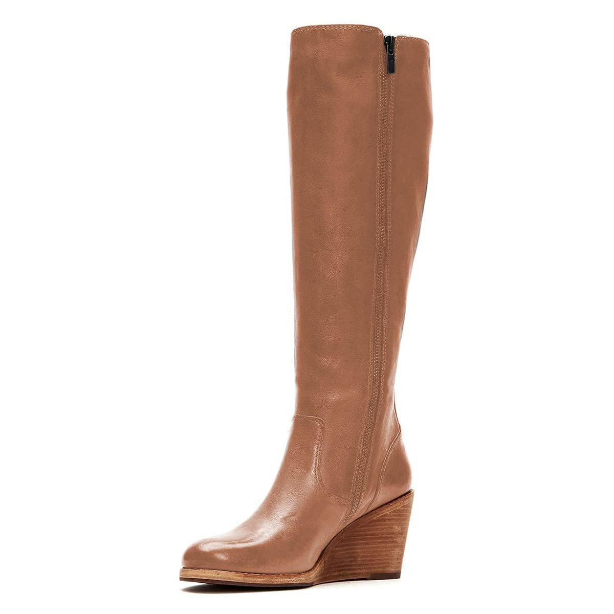 Women's Brown Closed-Toe Side Zipper Wedge Knee-High Boots Nicepairs