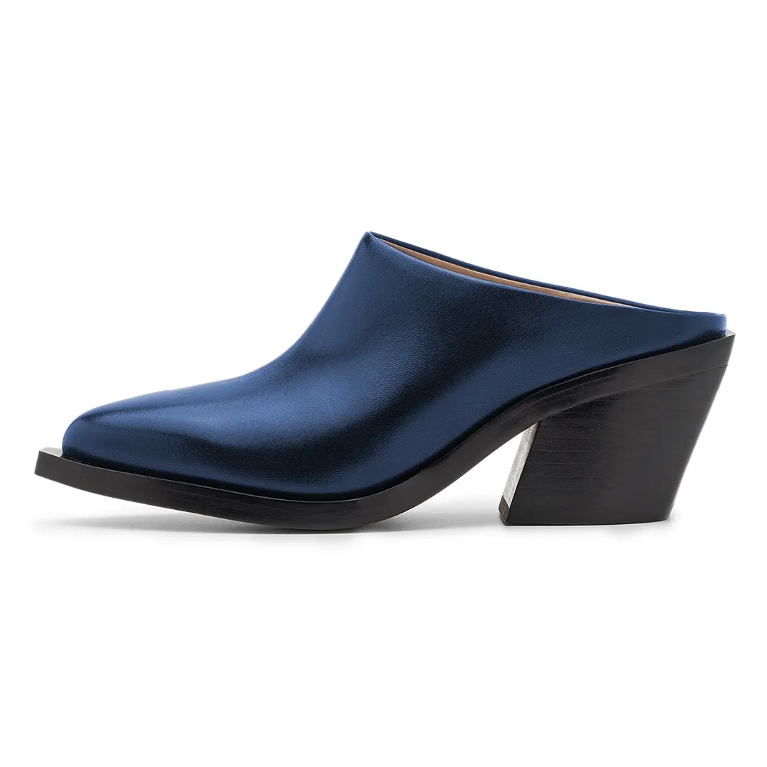 Navy Vegan Leather Snip Toe Women's Dress Mules with Block Heel