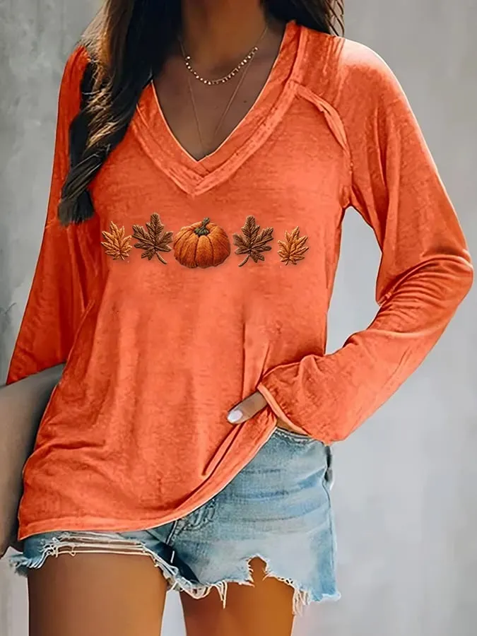 Women's Autumn Maple Leaf Pumpkin Print Long Sleeve T-Shirt 