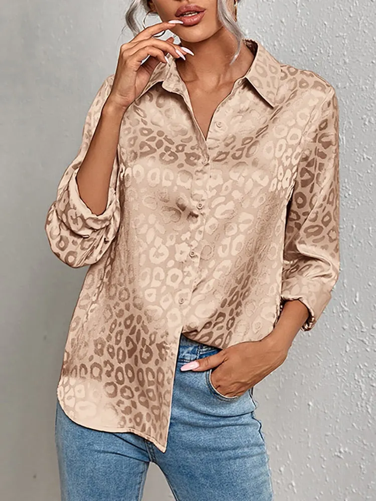 Back to school  Women Leopard Print Luxury Blouse Spring Summer Long Sleeve Lapen Vintage Button Up Shirt Office Lady Satin Tunics Harajuku Top