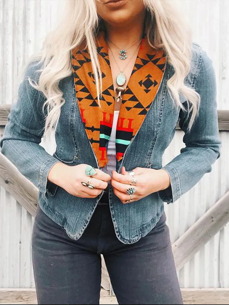 Women's Vintage Ethnic  Denim Style Blazer