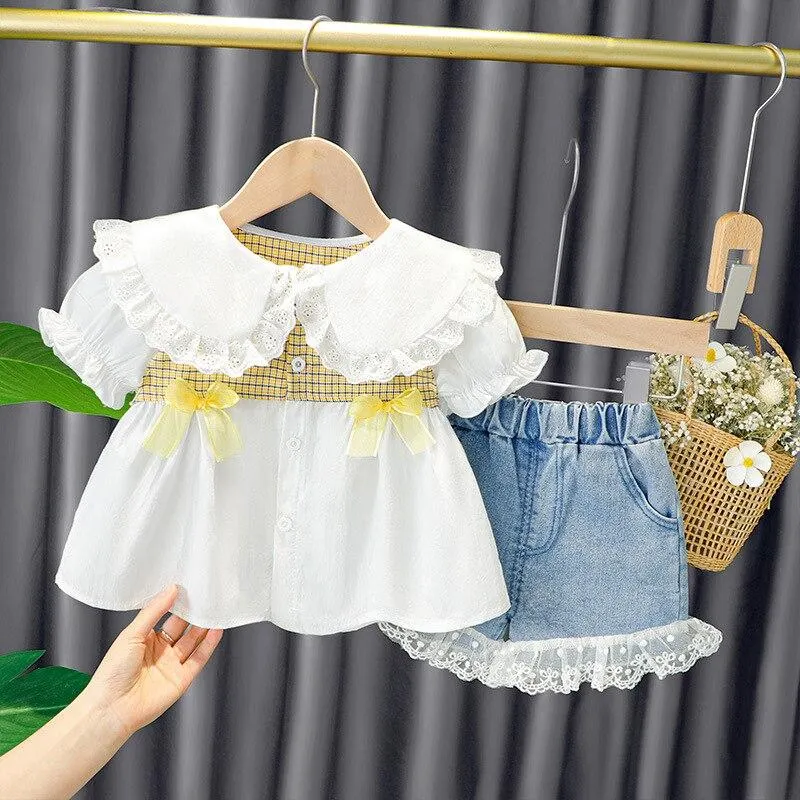 Sweet Flower Girl dress 1 2 3 4 Years Children Summer ClotheFashion Pure Cotton Princess Plaid Shirt Puff Sleeve Lace Shorts Set