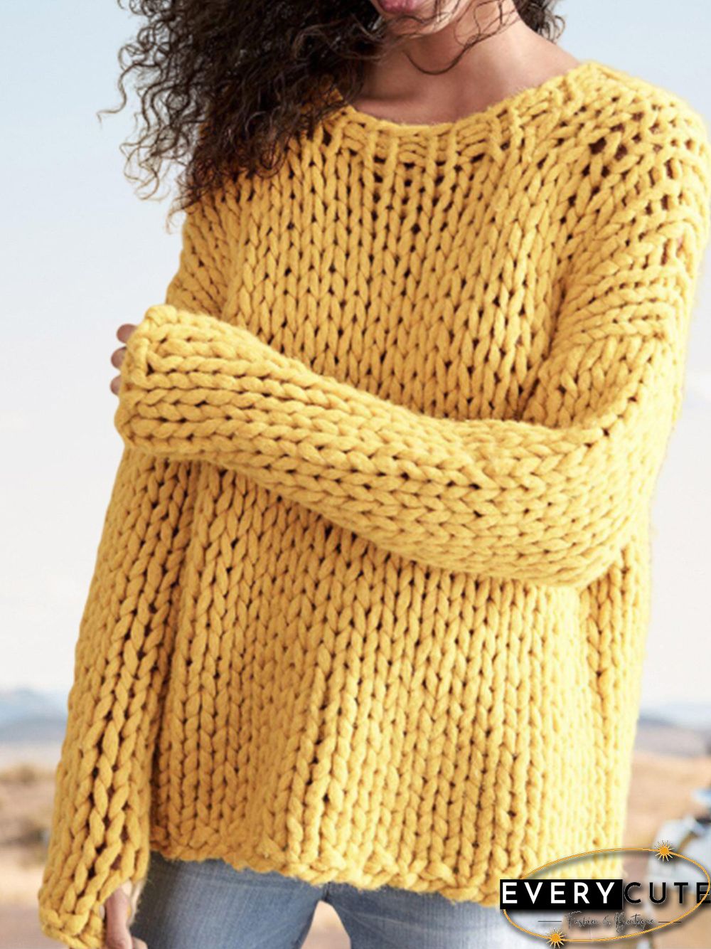 Casual Solid Knitted Round Neck Sweater