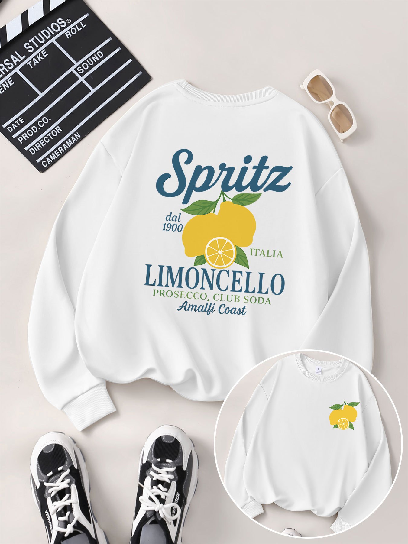 Women's Italian-Inspired Spritz Limoncello Graphic Print Crew Neck Sweatshirt - Peach Casual Long Sleeve Pullover With Lemon & Amalfi Coast Design, Machine Washable For Spring Summer Fall | IFYHOME