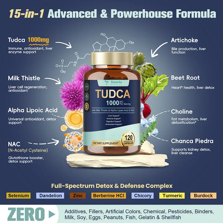 Totaria 15-in-1 TUDCA Liver Supplement 1000mg with Milk Thistle, ALA, NAC,  Ultra Strength TUDCA (Tauroursodeoxycholic Acid) Bile Salts, Liver and  Gallbladder Cleanse & Repair, Vegan, 120 Counts