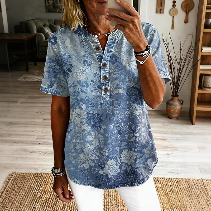Comstylish Women's Vintage Floral Art Print Casual Short-sleeve Shirt
