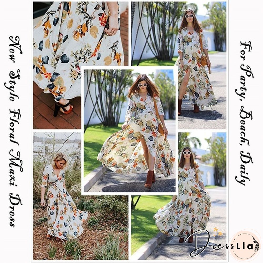 Summer Fashion Womens Bohemian V Neck Print Big Swing Long Dress Plus Size