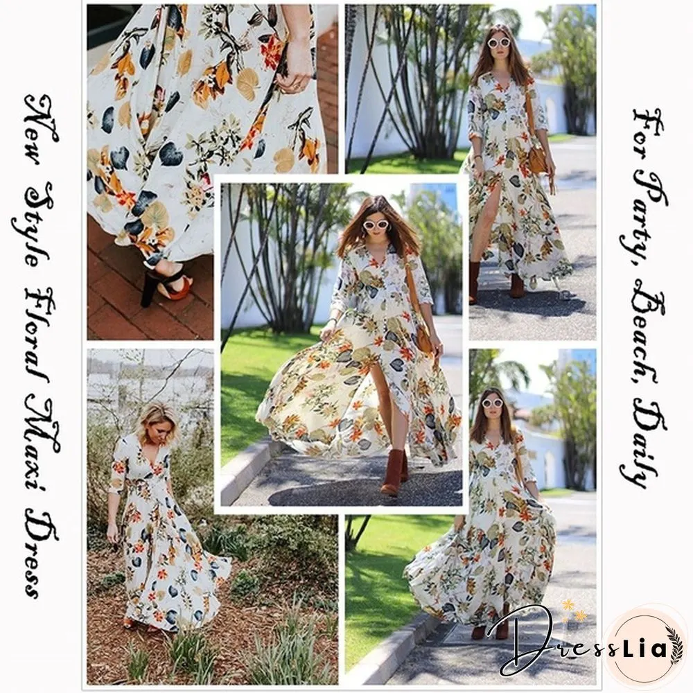Summer Fashion Womens Bohemian V Neck Print Big Swing Long Dress Plus Size
