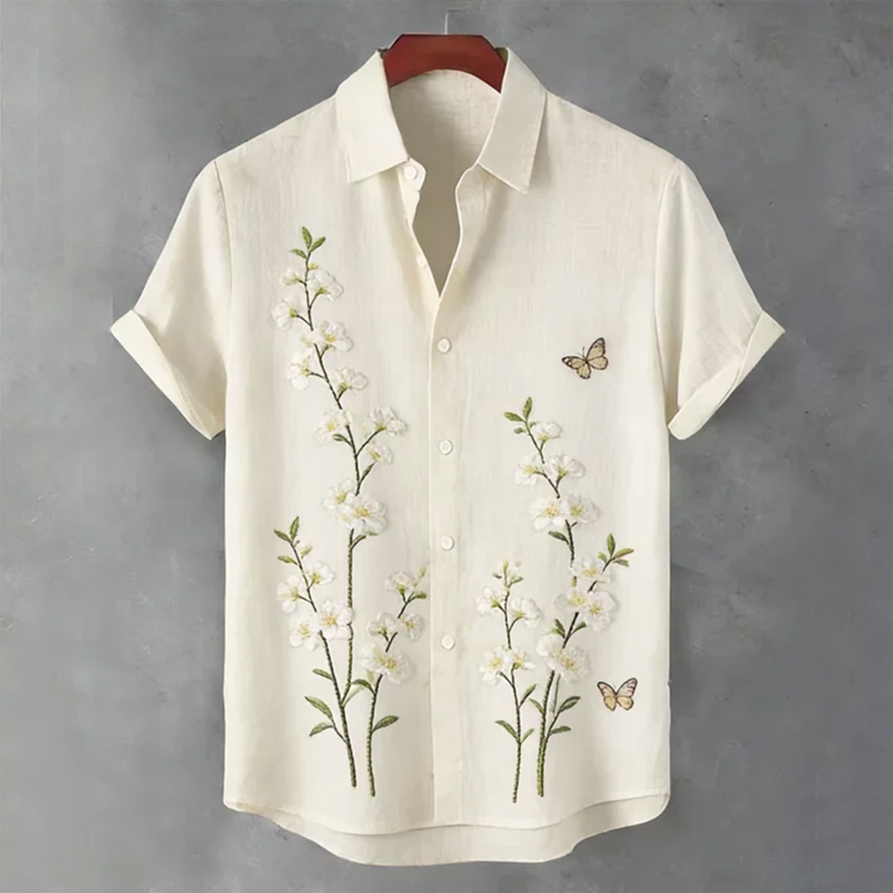 Japanese-style Floral And Butterfly Art Embroidered Cotton Linen Short Sleeve Shirt elevenforest