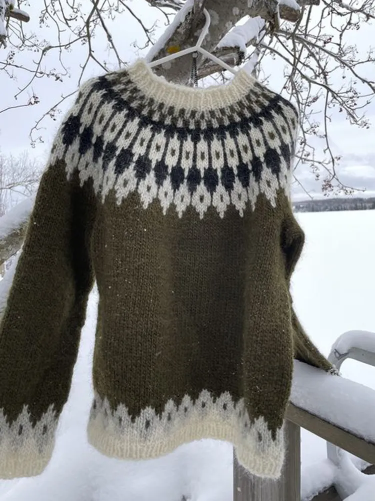 Vintage Icelandic Warmth Knit Jacquard Crew Neck Sweater（Unisex）