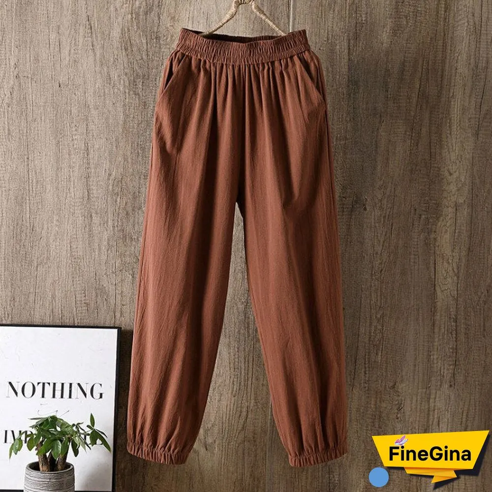 Casual Style Cotton Linen Pants Women Spring Summer New Elastic Waist Solid Basic Retro Loose Women's Harem Pants Trousers