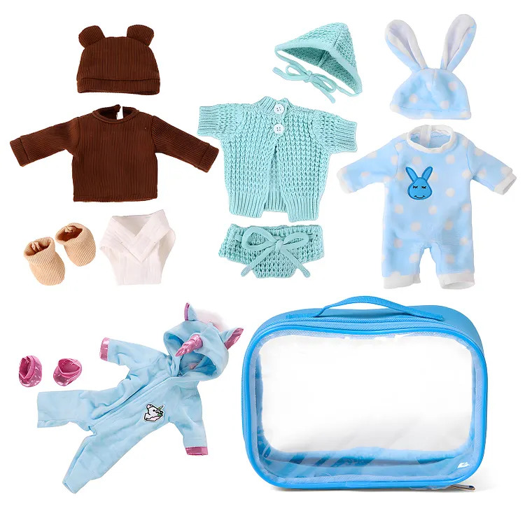 For 16" Reborn Silicone Baby Boy Autumn Clothes Suits 4 Pcs with Blue Transparent Waterproof Organizer Bag
