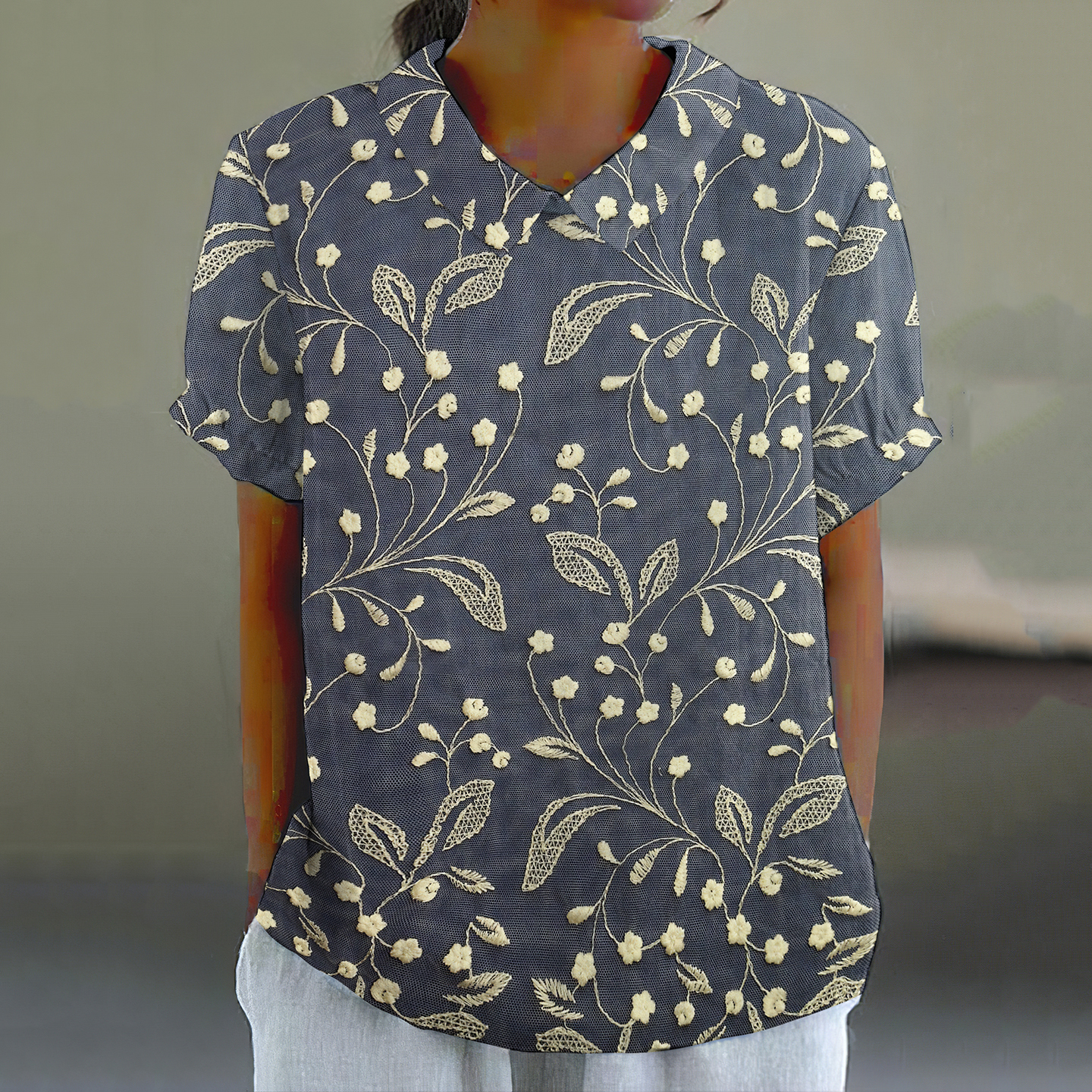 Women'S Floral Lace Embroidery Pattern Casual Lapel Shirt artswardrobe