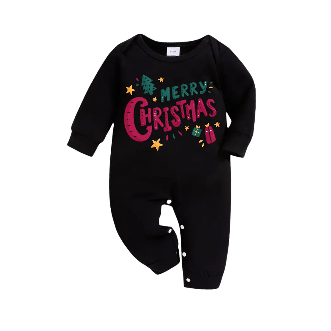 "Merry Christmas" With  Little Decorations - Black Top with Red & Green Plaid Pants Family Matching Pajama
