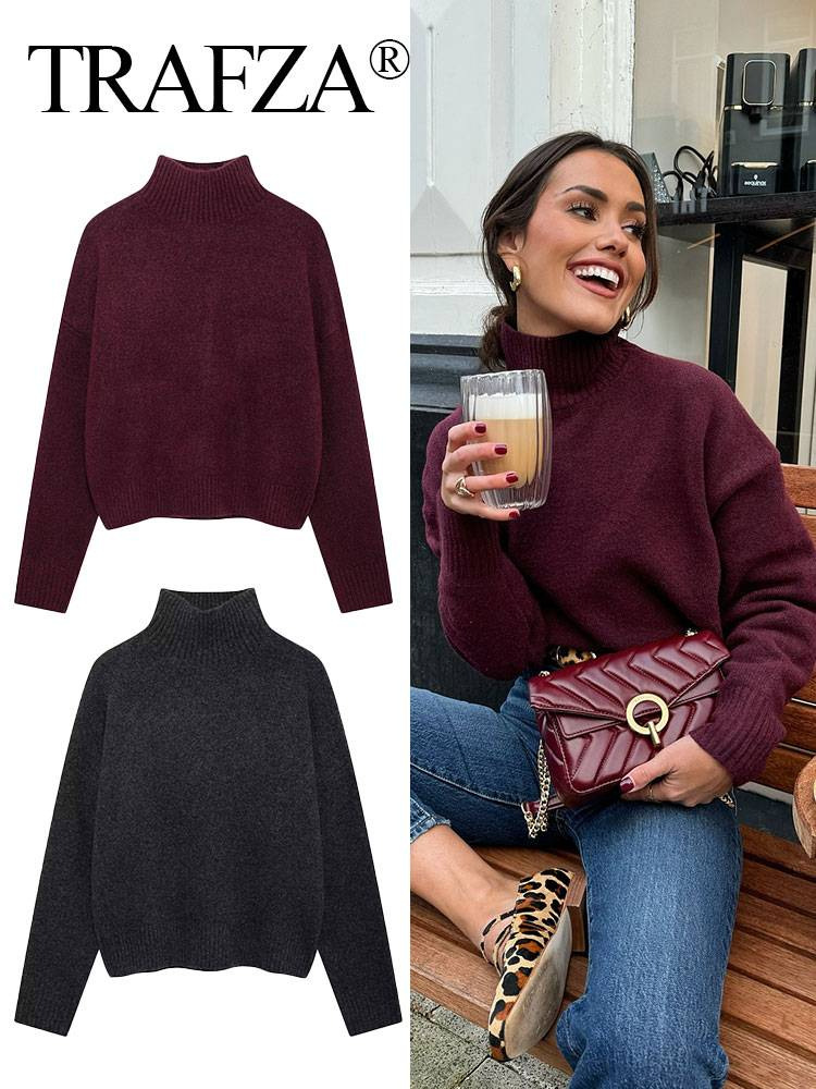 Cross-Border Ins Autum Women's Popular European and American Style Women's Fashion High-Neck Long-Sleeved Soft Basic Knitwear