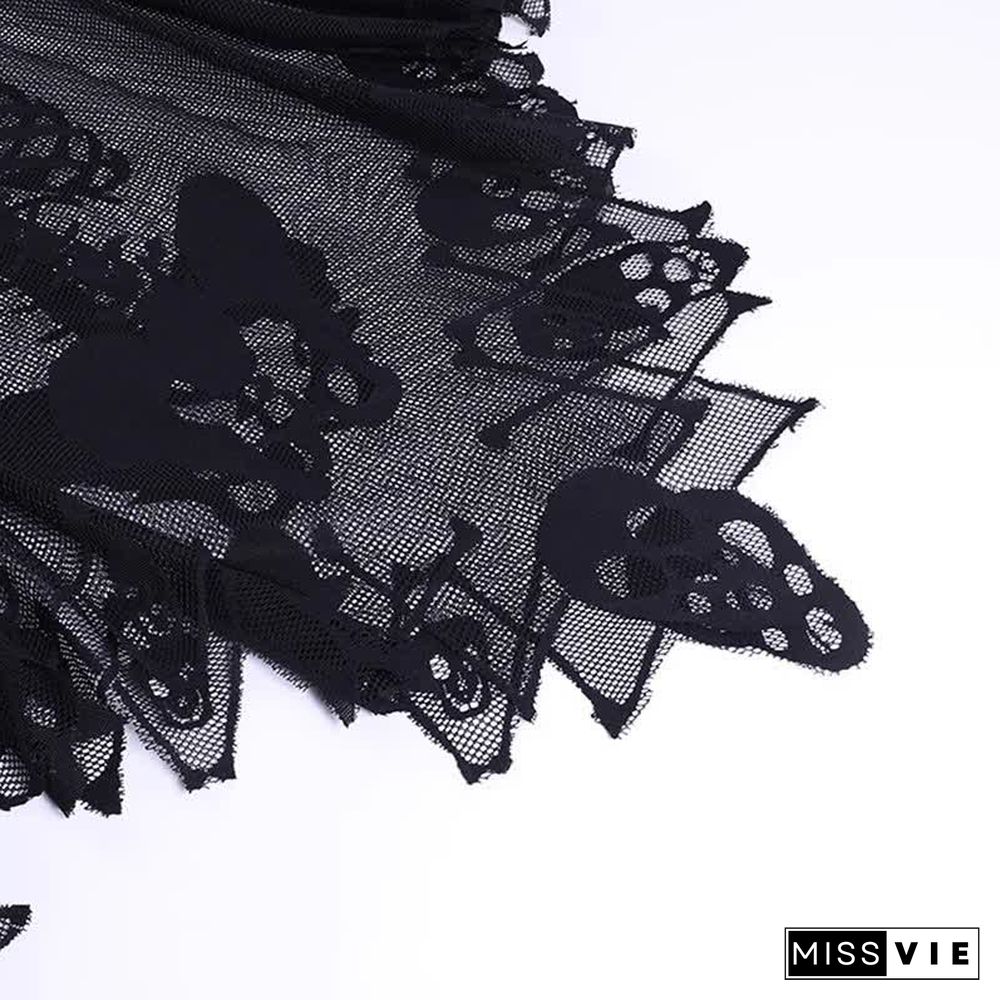 Halloween Gothic Skeleton Skull Print Lace Cloak