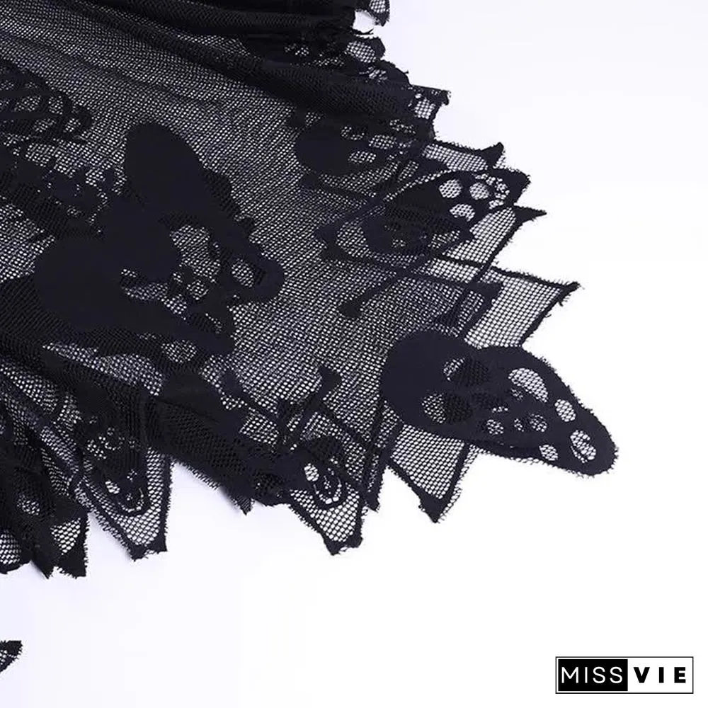 Halloween Gothic Skeleton Skull Print Lace Cloak