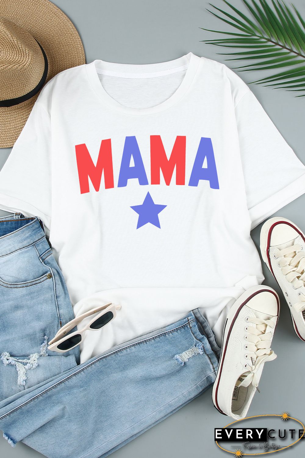 White MAMA Star Print Short Sleeve Crew Neck T Shirt
