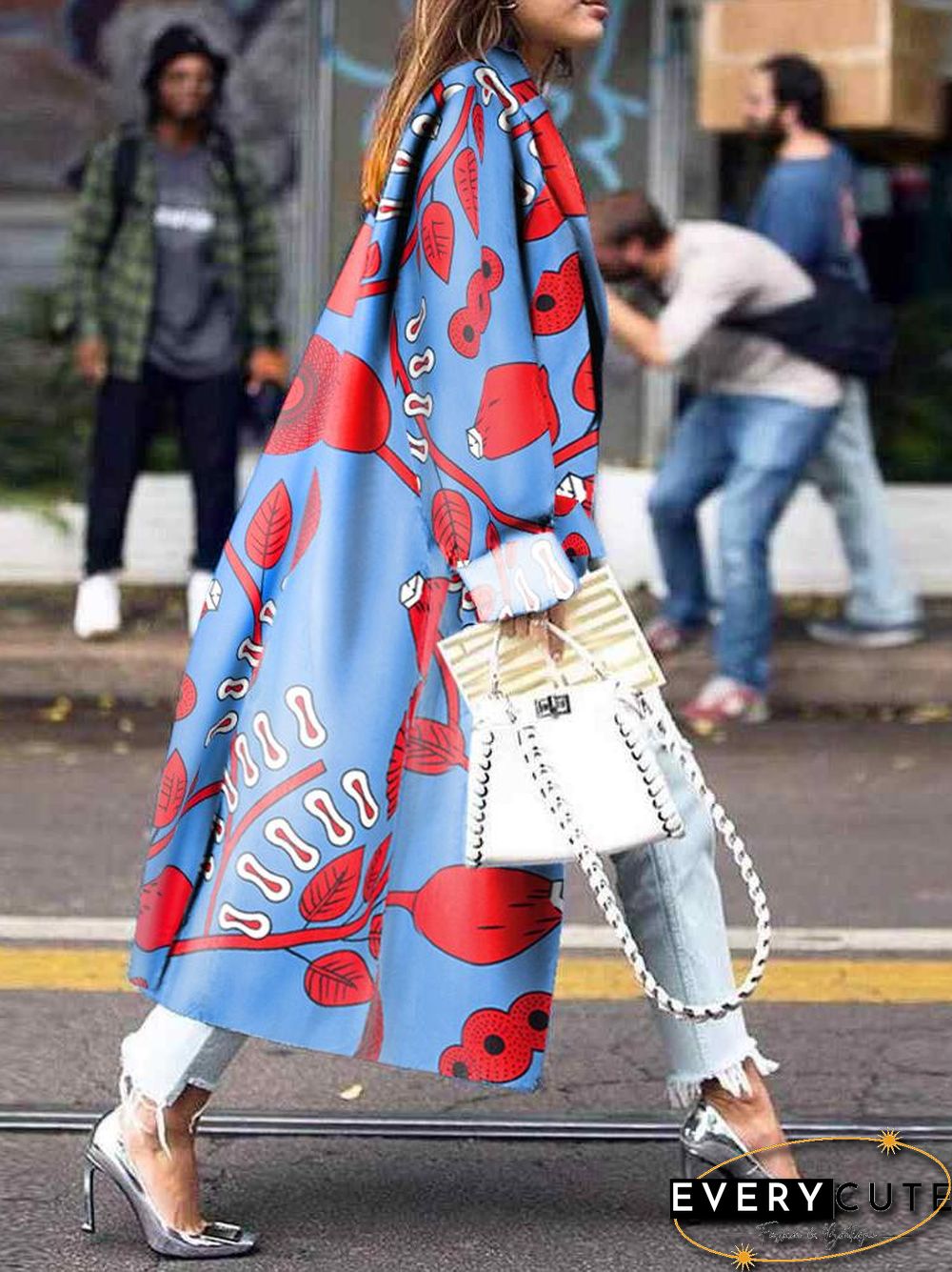Women Chic Red Printed Long Sleeve Jacket