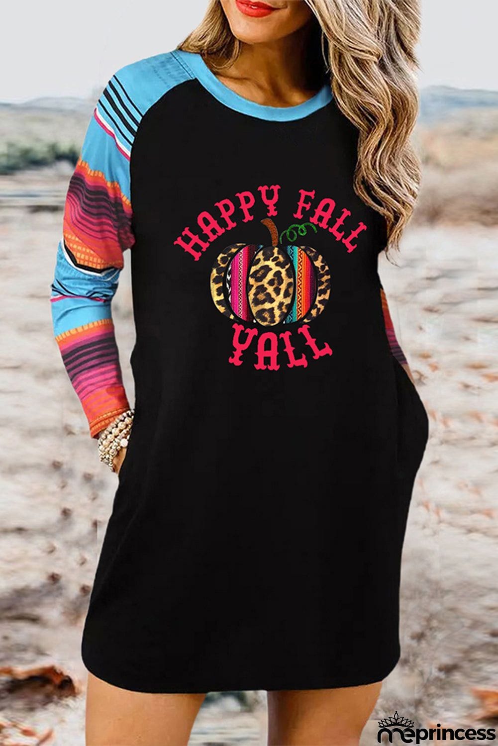 Halloween Pumpkin Letter Print Striped Raglan Long Sleeve Mini Dress