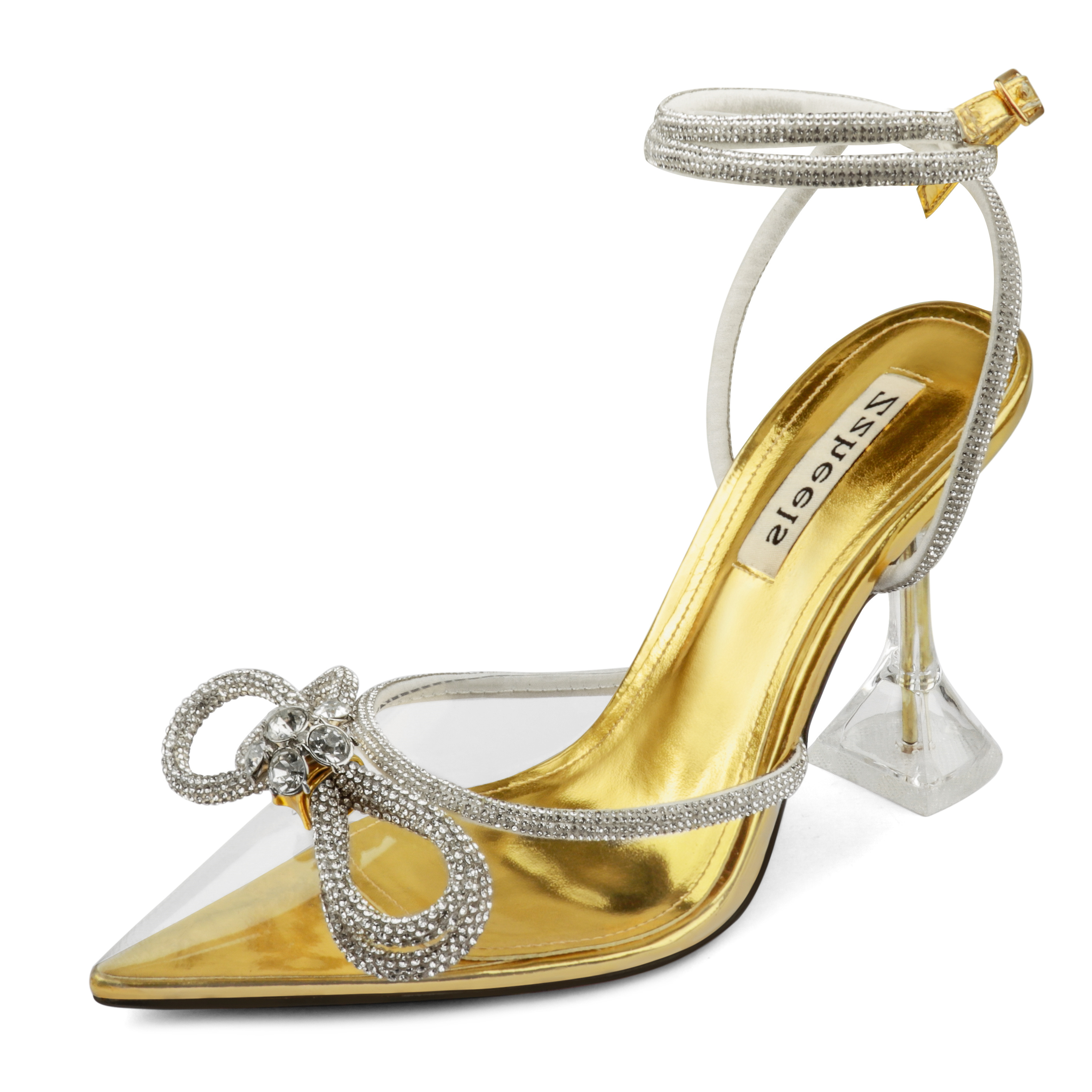 9.5cm/3.74 Double Bow Crystallized High Pums Pointed Toe Strappy Transparent Sandals Wedding Shoes