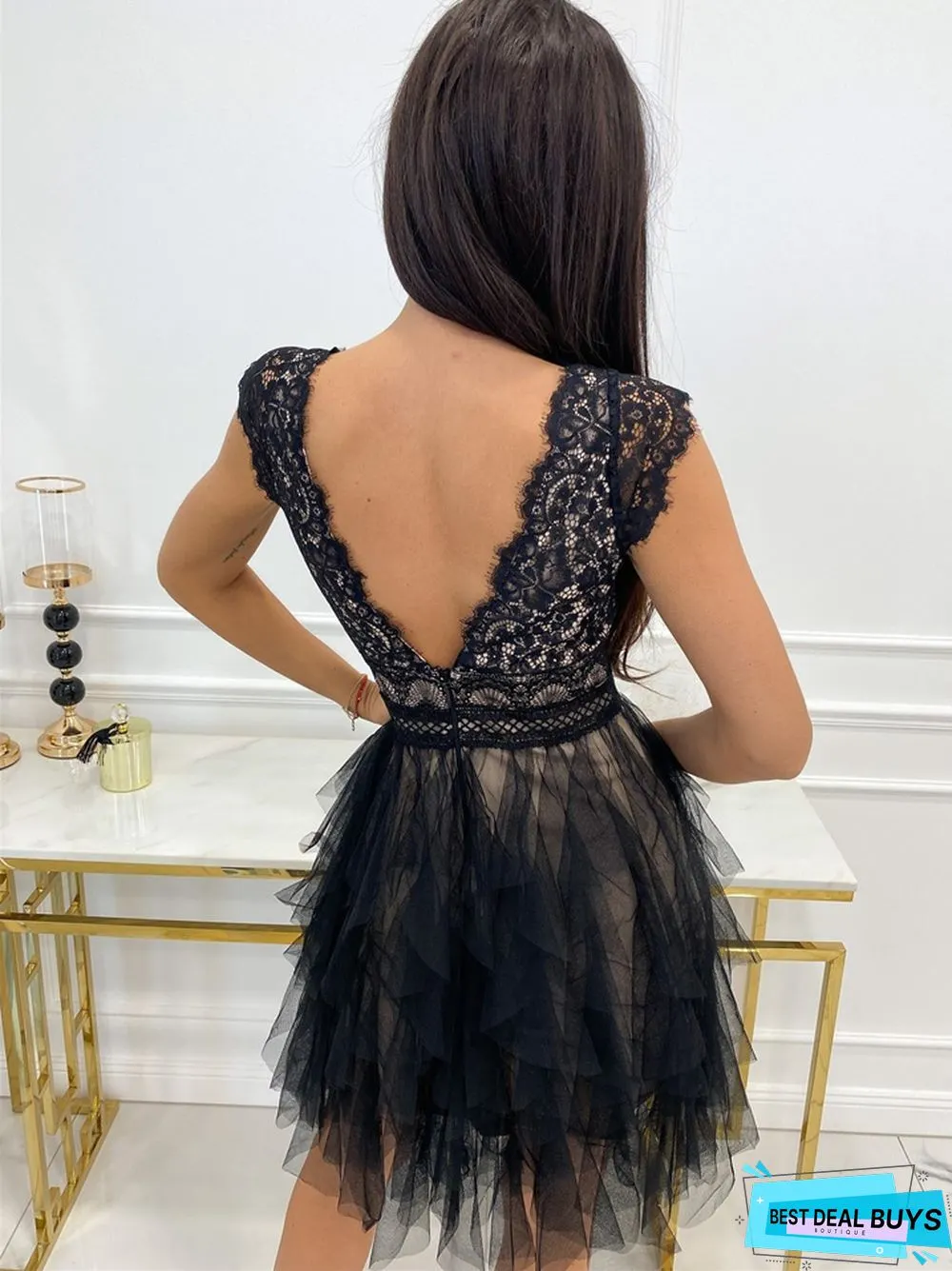 New Sexy V-Neck Lace Stitching Dress Short Sleeve Fashion White Dresses