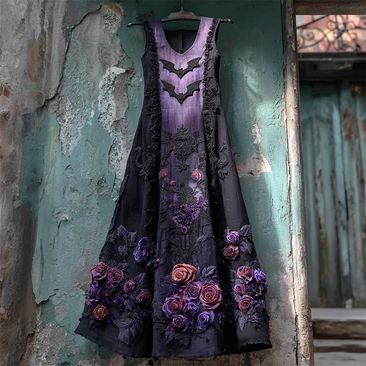 Halloween Bat & Dark Rose Gradient Women's Vest Midi Dress