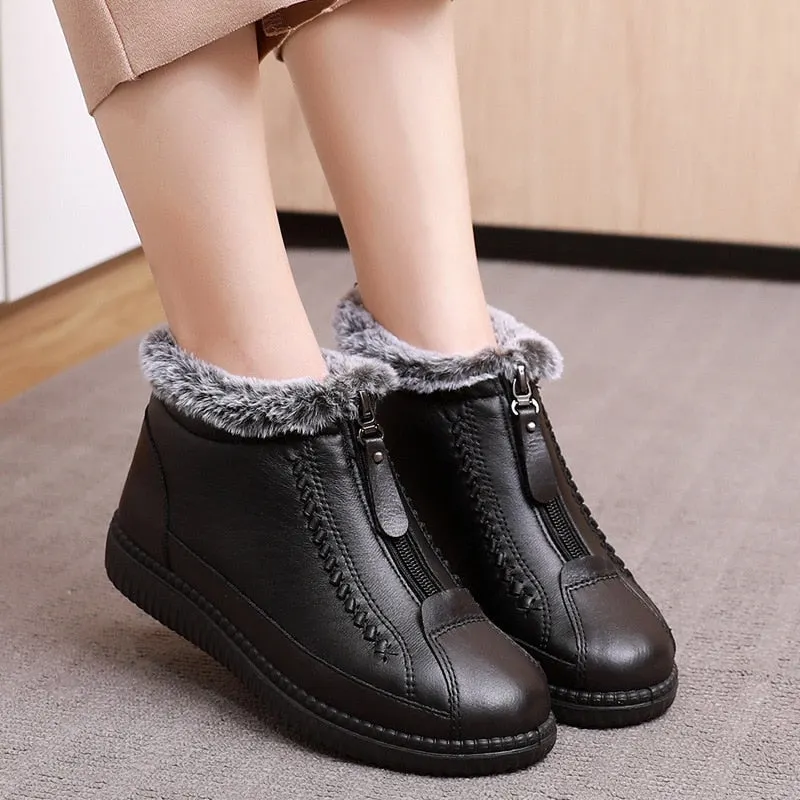 GKTINOO Winter New Leather Waterproof Snow Boots Women's Plus Velvet Warm Short Boots Ladies Casual Lightweight Flat Boots
