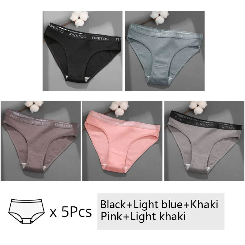 FINETOO 5Pcs/set Cotton Panties Women M-2XL Solid Color Letter Underwear Ladies Low Waist Briefs Plus Size Underpants Lingerie