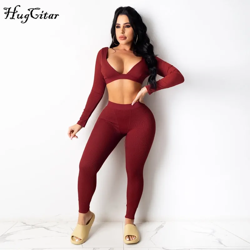 Hugcitar 2020 Long Sleeve Solid V-Neck Backless Skinny Tshirt Leggings 2 Piece Set Autumn Winter Women Sexy Streetwear Tracksuit